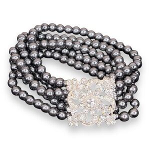 BLACK PEARL FASHION BRACELET STRETCH EVENT FORMAL RHINESTONE RETRO GLAM PINUP